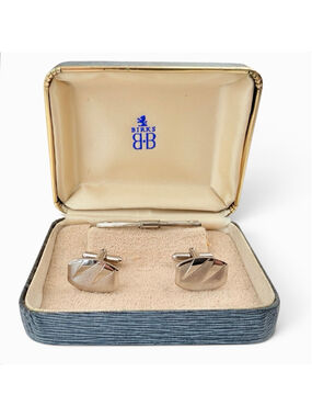 Vintage Cufflinks Tie Clip Set Sterling Tie Bar Mid Century Silver Tone